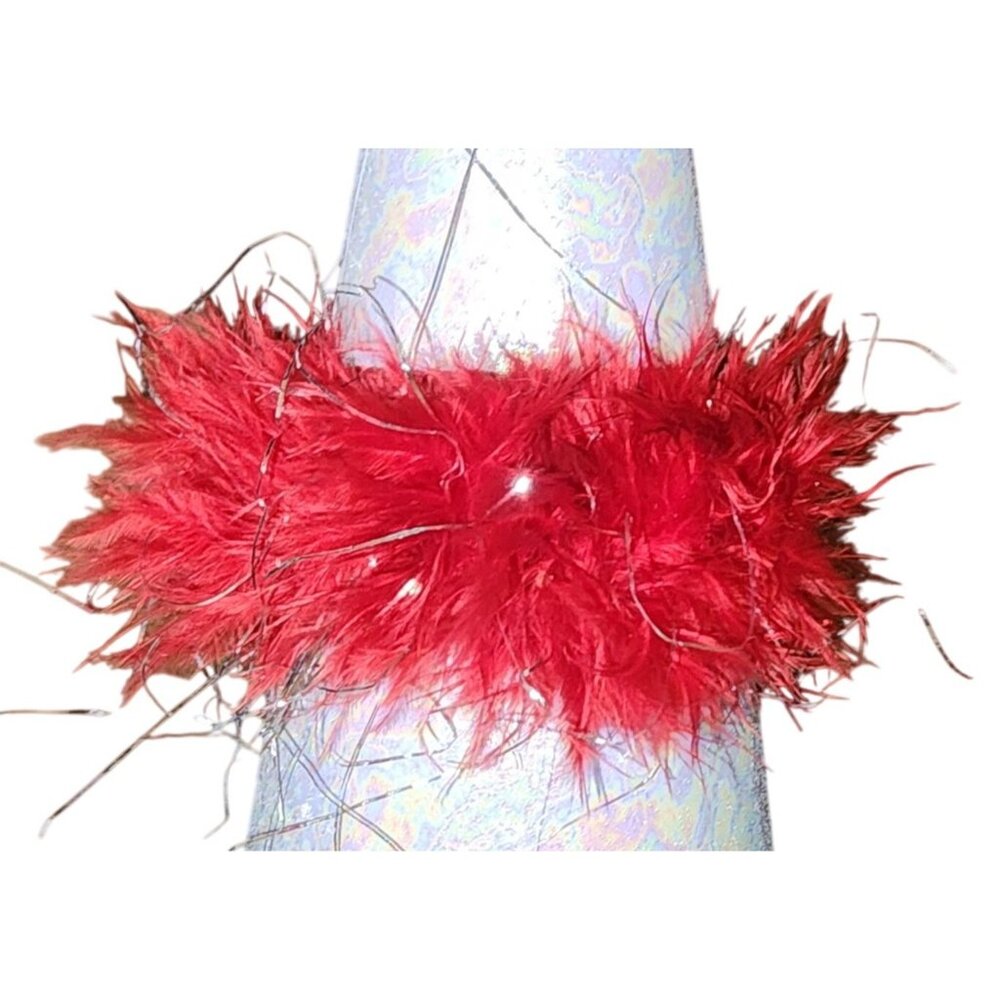 Red Feather Boa Ribbon Slap Bracelet Fashion Jewelry Silver Tinsel Fuzzy